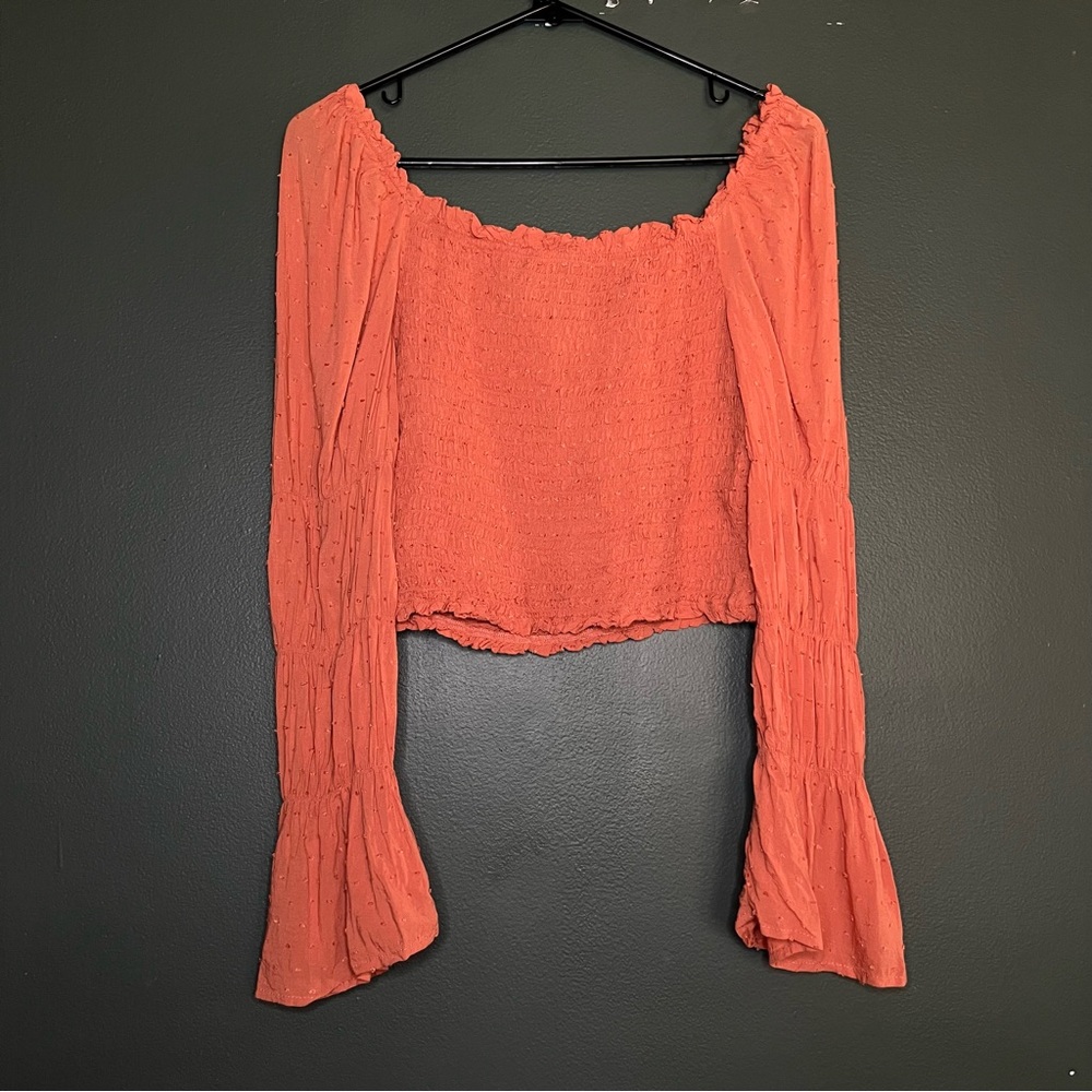 wild fable Coral Smocked Off-Shoulder Crop Top